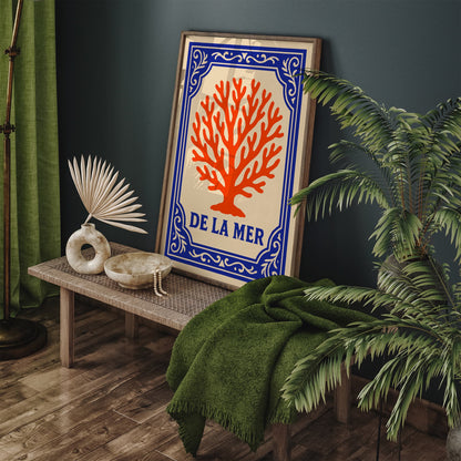 De La Mer Poster - Blue & Coral Orange Nautical Art Print