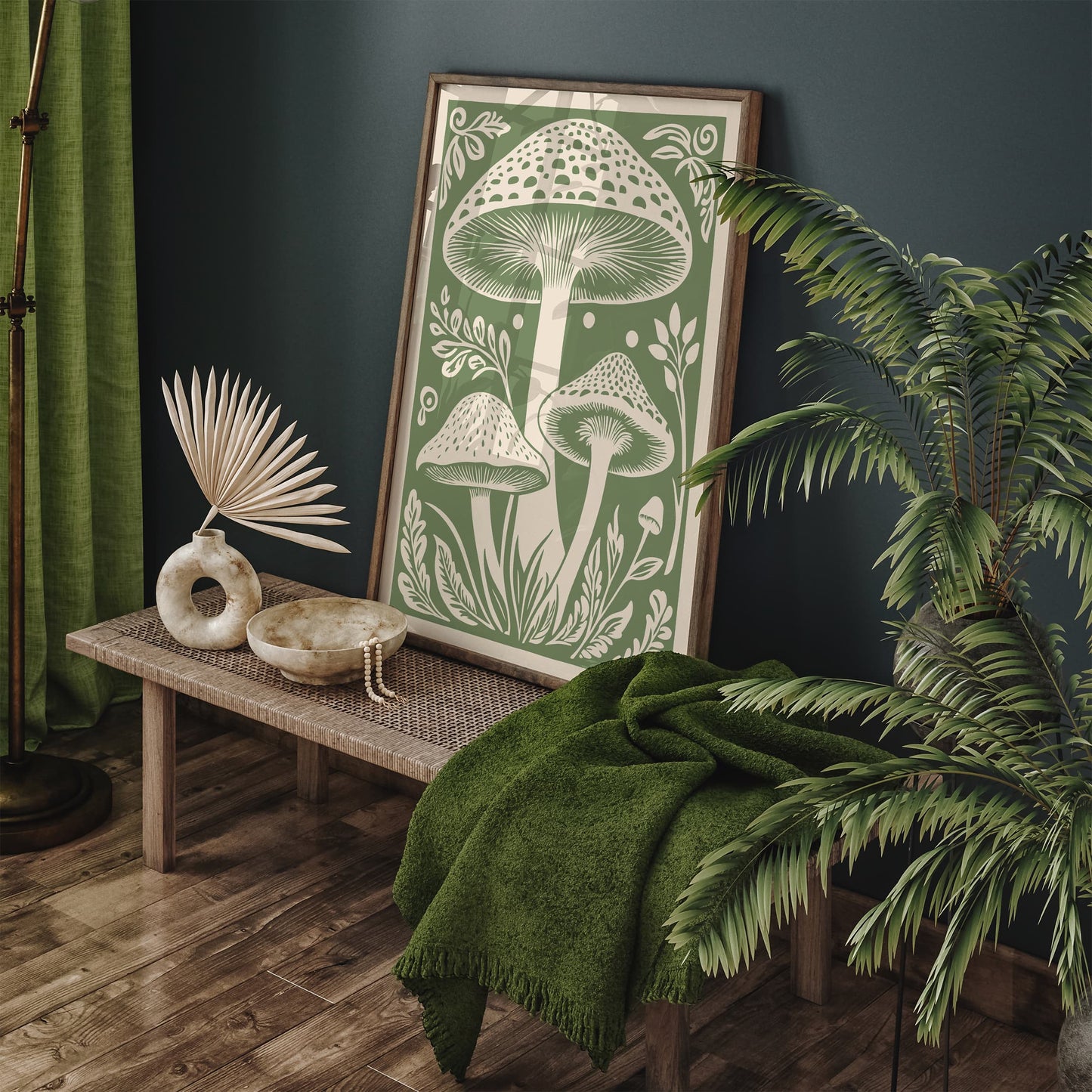 Mushroom Wall Art - Green Botanical Poster