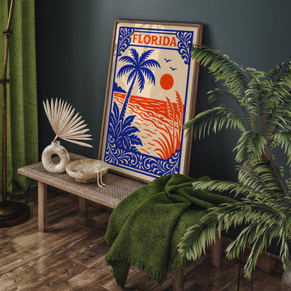 Florida Retro Travel Poster - Vintage Beach Palm Tree Wall Art