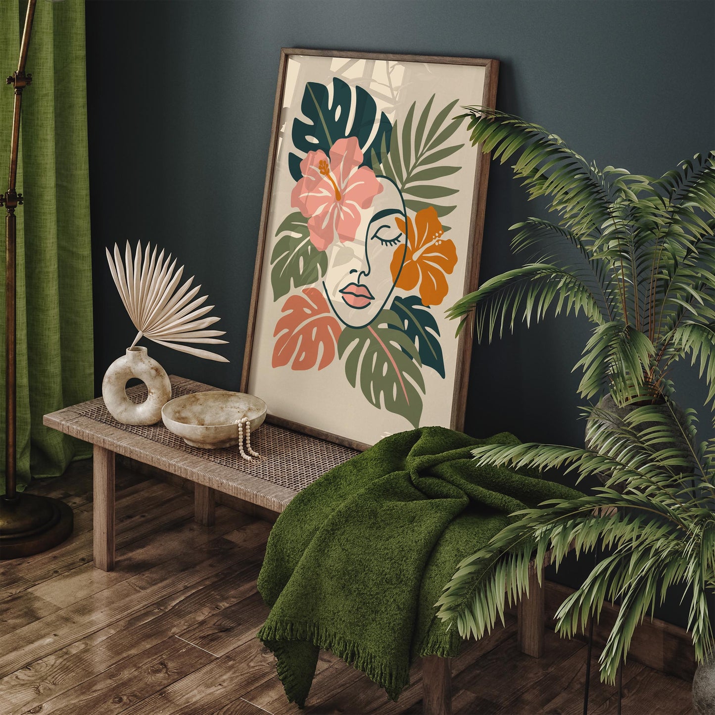 Line Art Woman Face in Tropical Leaves Poster