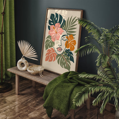 Line Art Woman Face in Tropical Leaves Poster