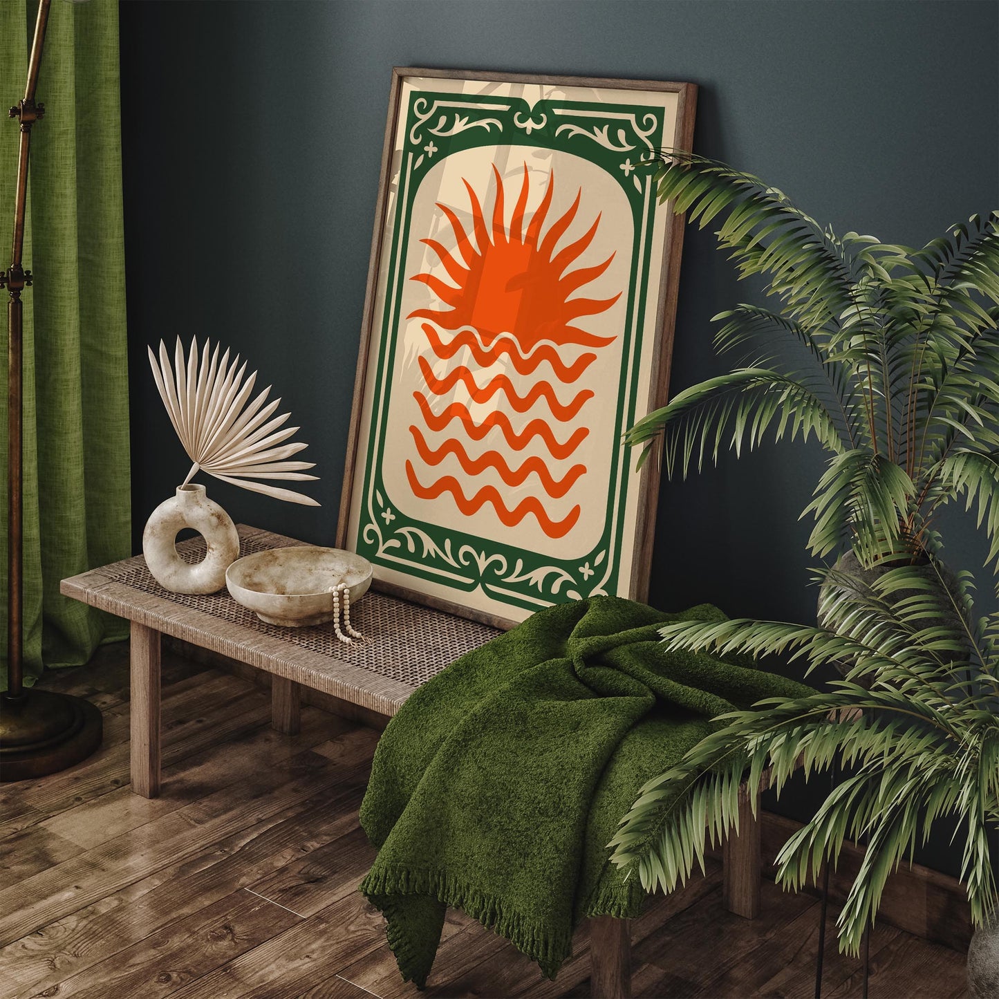 Orange Sun Poster - Green Frame Abstract Wall Art