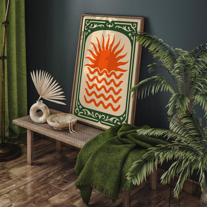 Orange Sun Poster - Green Frame Abstract Wall Art