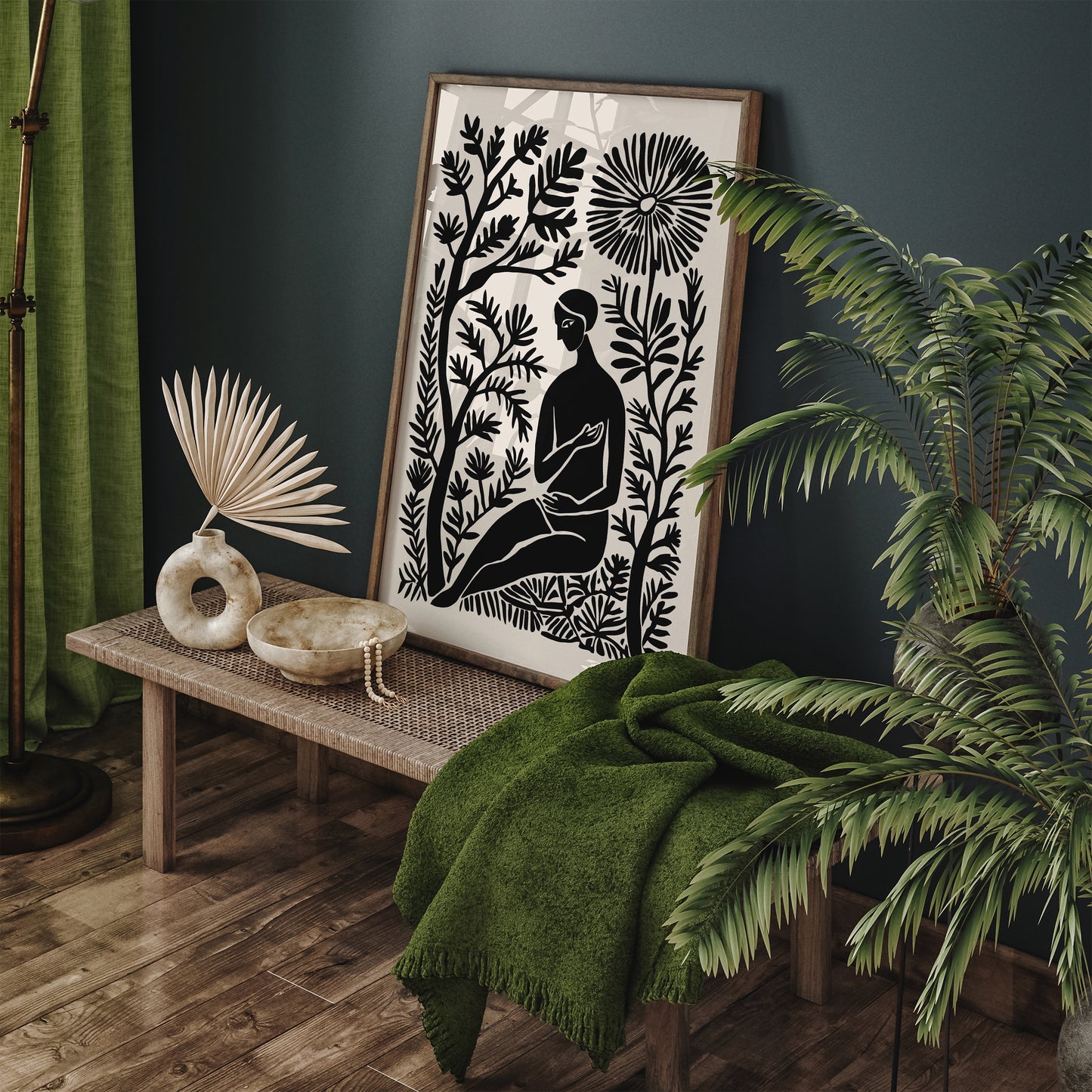 Sitting Woman Floral BW Poster