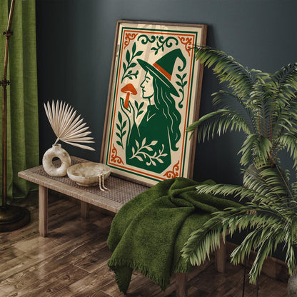 Green & Orange Witch Mushroom Halloween Print