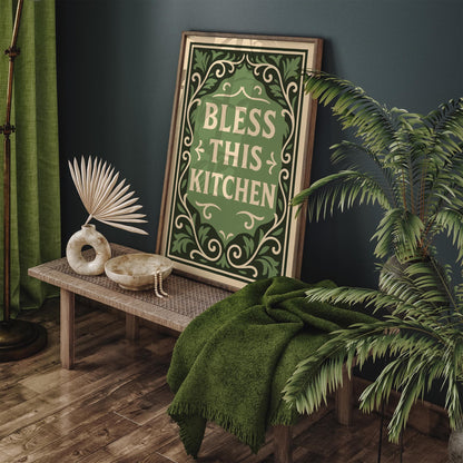 Green Kitchen Poster - Bless This Kitchen Art