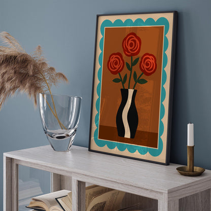 Retro Red Roses in Vase Poster - Vintage Wall Art