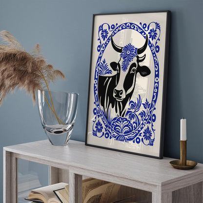 Blue Rococo Elegant Cow Portrait Art Print