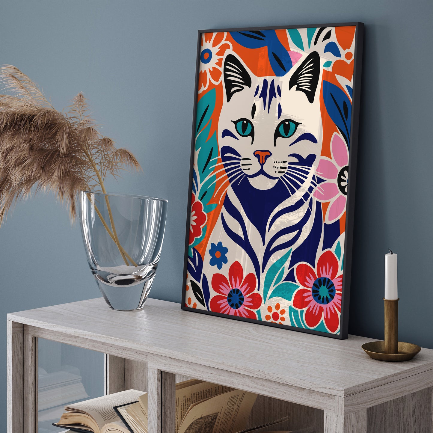 Colorful Cat in Flowers Illustration