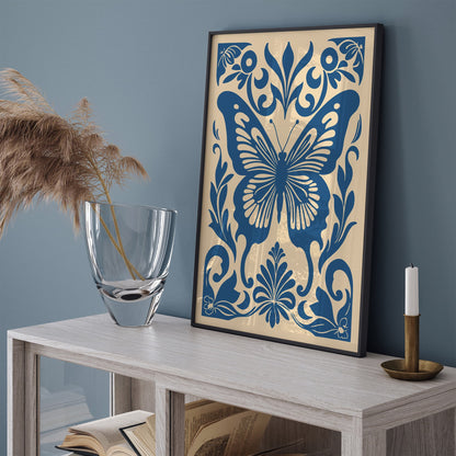 Blue Butterfly Rococo Style Poster