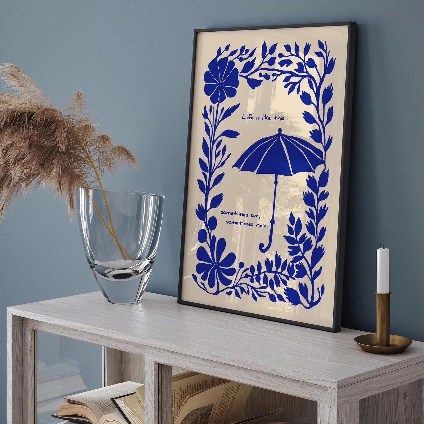 Sometimes Sun Sometimes Rain – Blue Floral Quote Poster