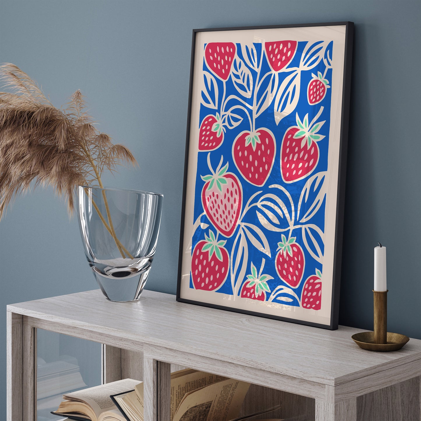 Blue Retro Strawberry Fruit Art Print