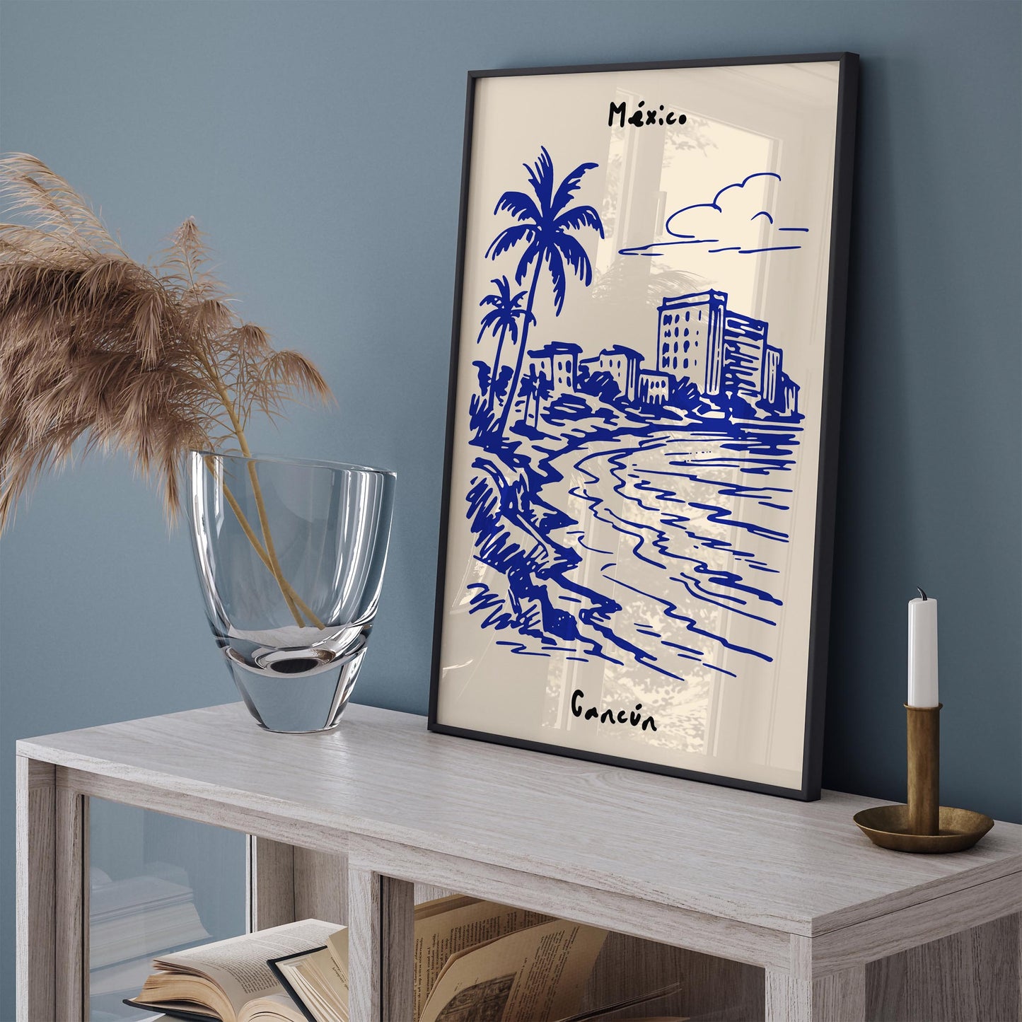 Mexico Cancun Print - Blue Cityscape Sketch Art