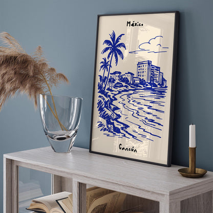 Mexico Cancun Print - Blue Cityscape Sketch Art