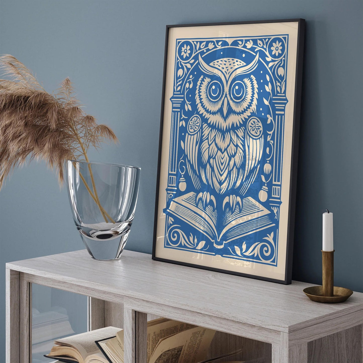Baby Blue Victorian Owl Print, Owl with Book Wall Art