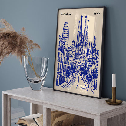 Barcelona Spain Blue Cityscape Travel Poster