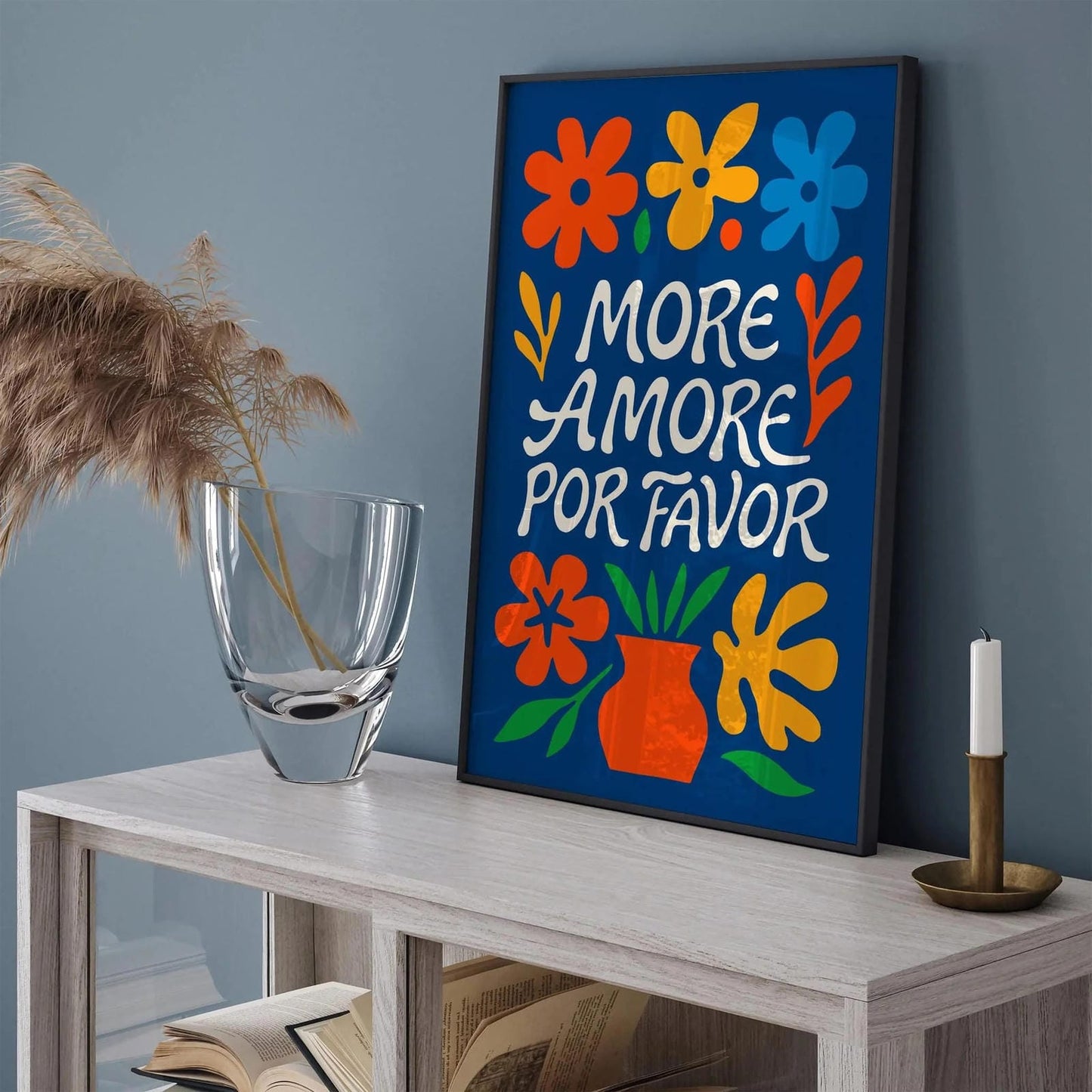 More Amore Por Favor Blue Typography Art Print