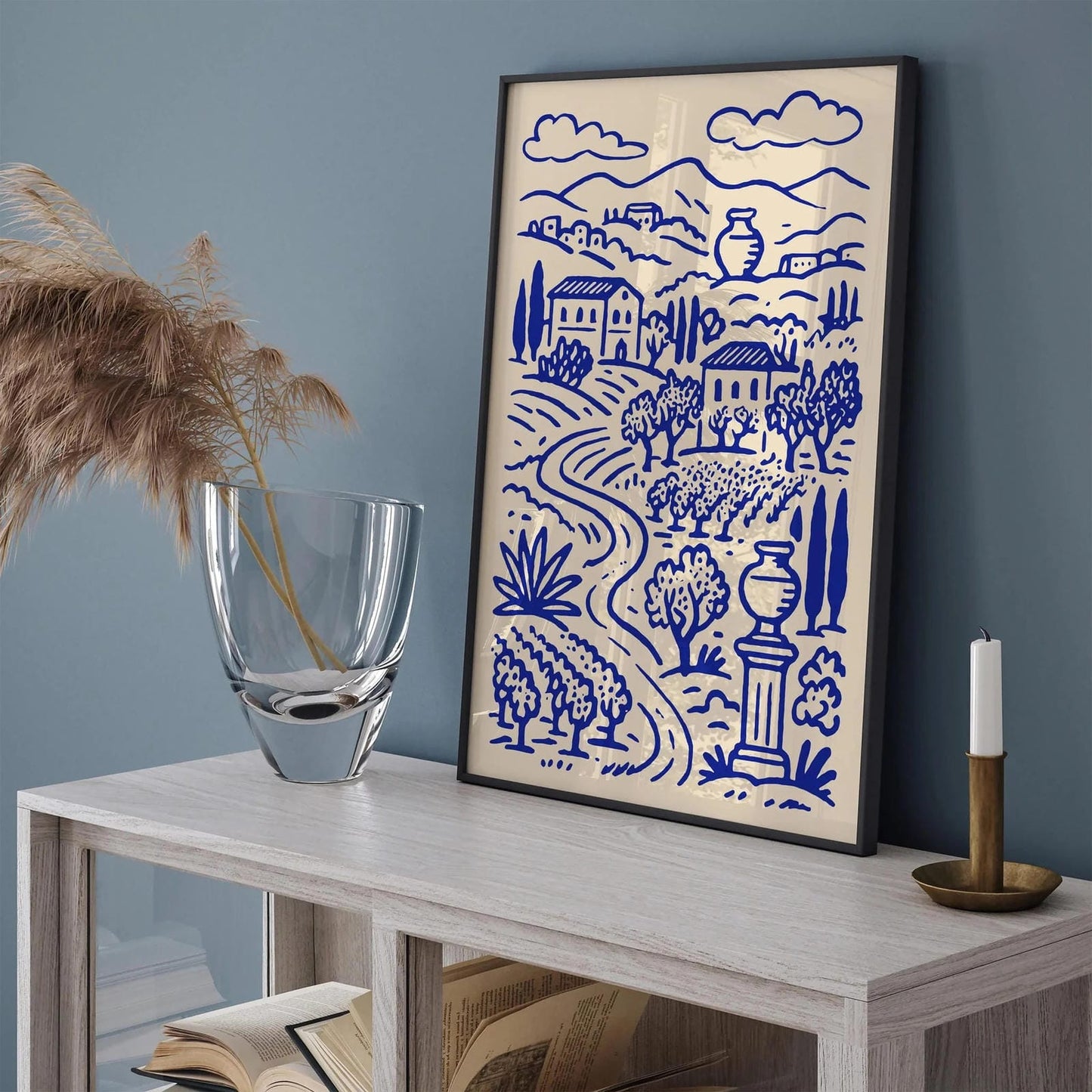 Tuscany Landscape Print, Blue Ink Wall Art