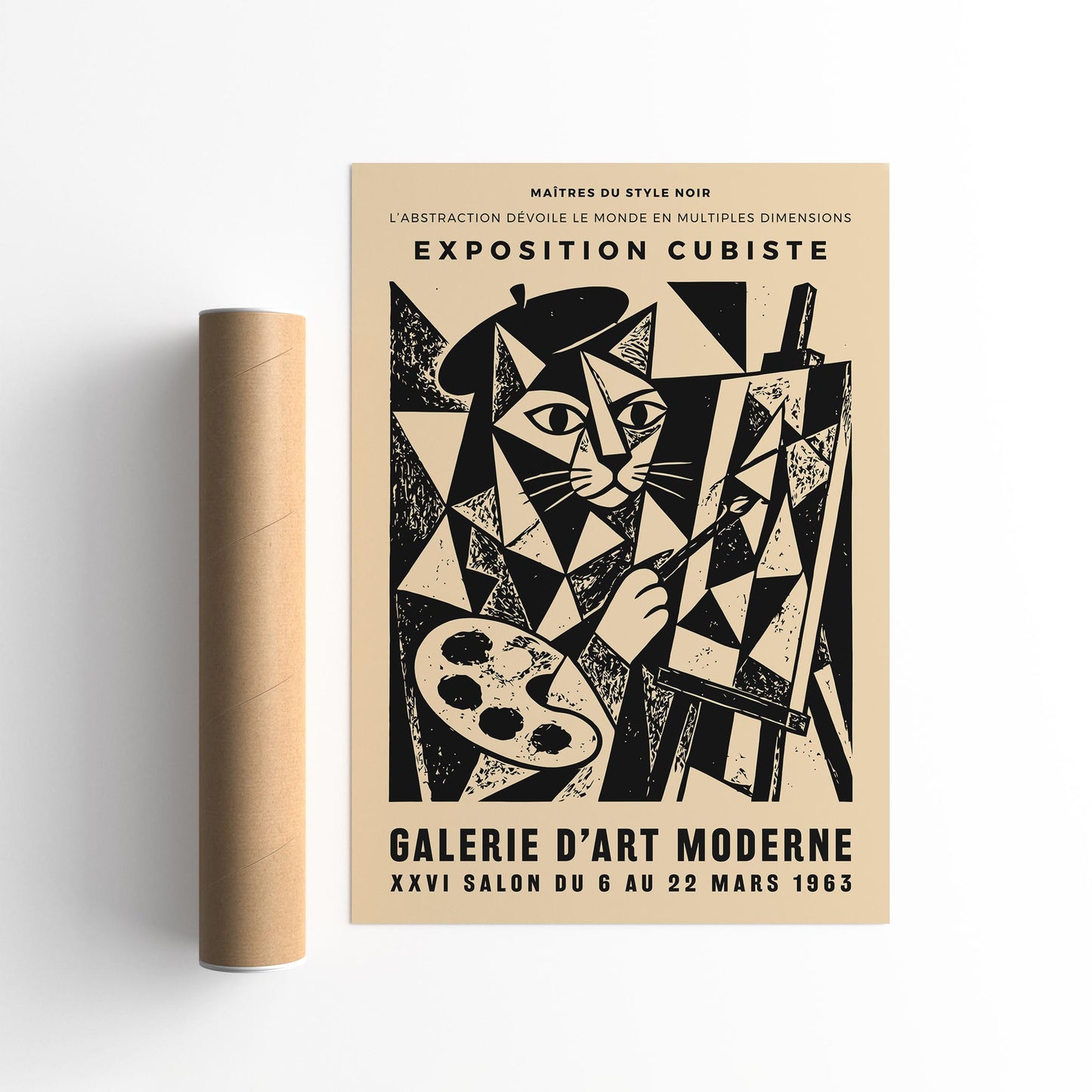 Cat Painter Poster – Vintage Cubism Exhibition Wall Art Print