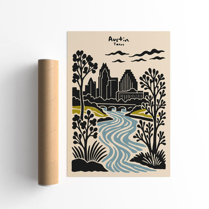 Austin Texas Poster - Cityscape Wall Art - Retro Travel Print