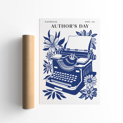 National Authors Day Typewriter Poster – Navy Blue Literary Wall Art Print