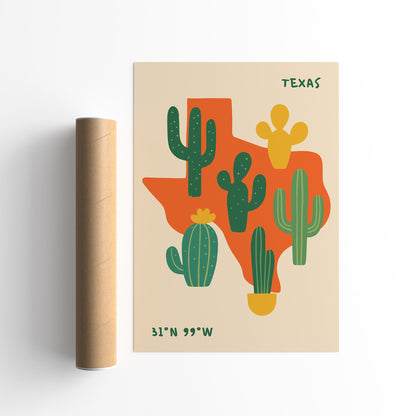 Texas Cactus Wall Art - Southwestern Desert Map Print