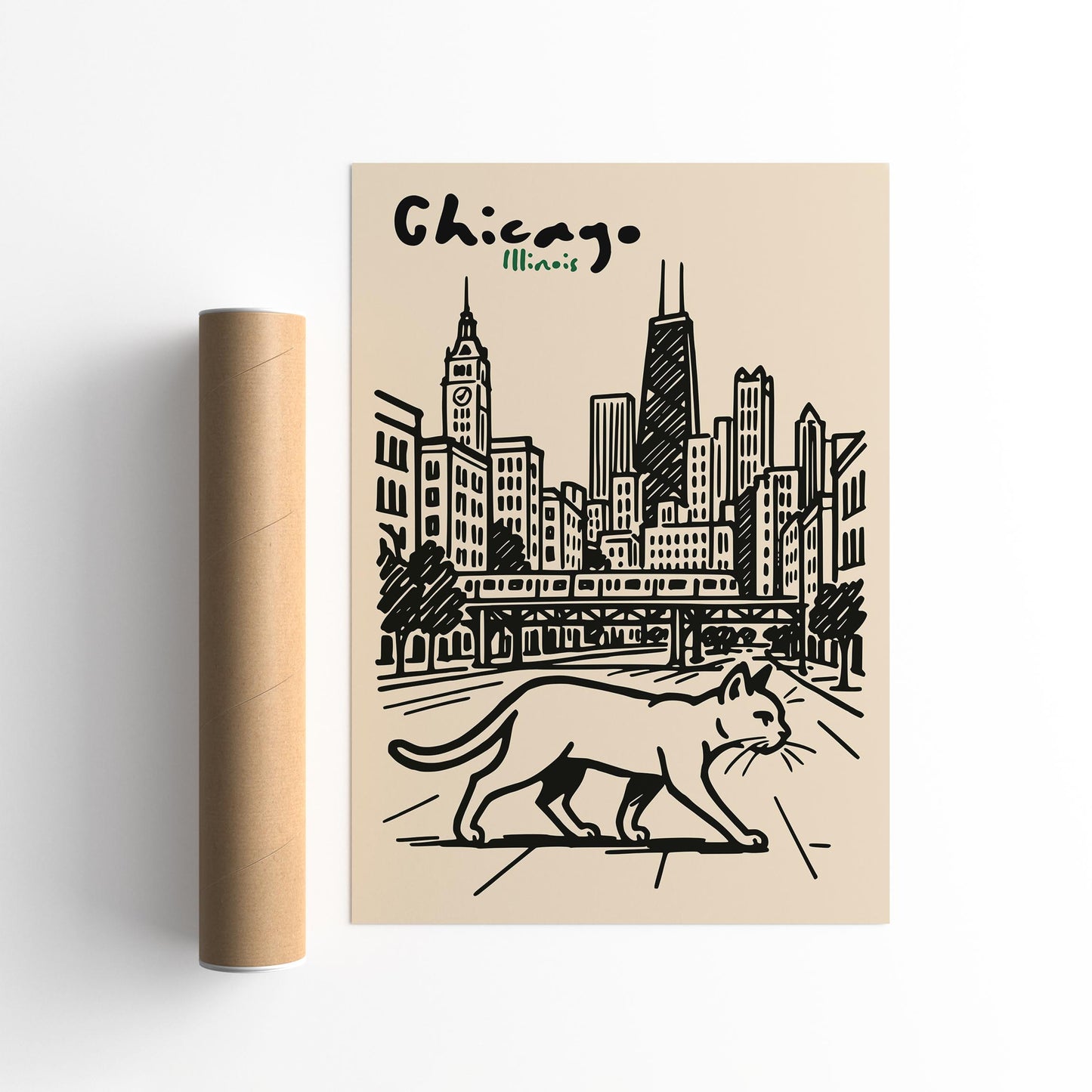 Chicago Illinois Poster - Walking Cat Wall Art Print