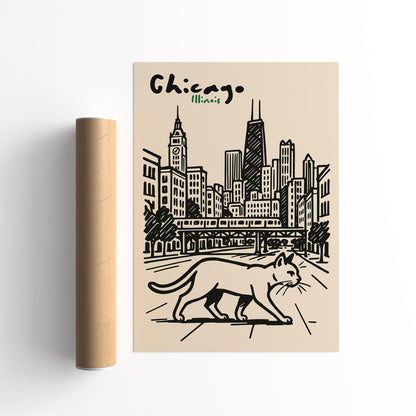 Chicago Illinois Poster - Walking Cat Wall Art Print