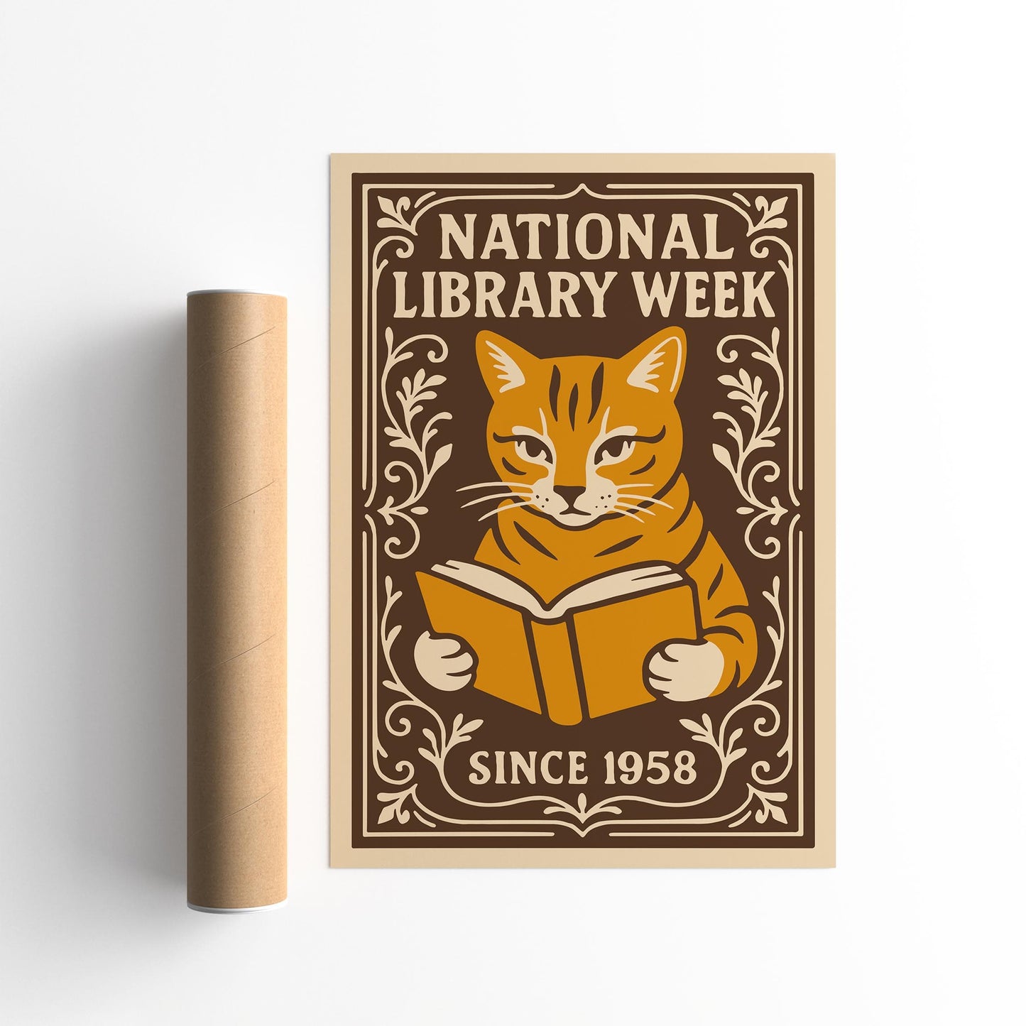 National Library Week Poster, Cat Reading a Book Print
