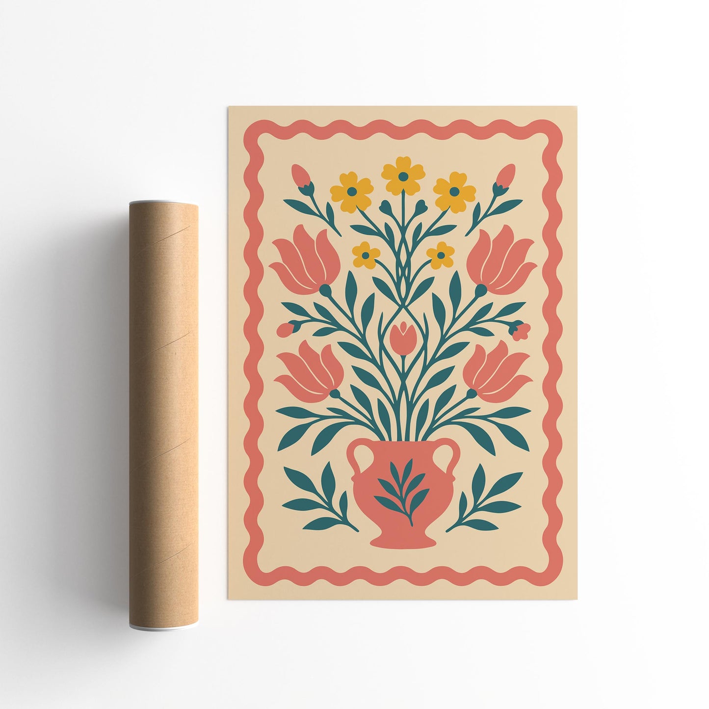 Boho Floral Vase Poster - Folk Botanical Print
