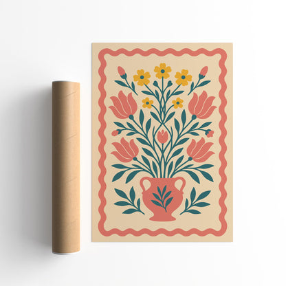Boho Floral Vase Poster - Folk Botanical Print