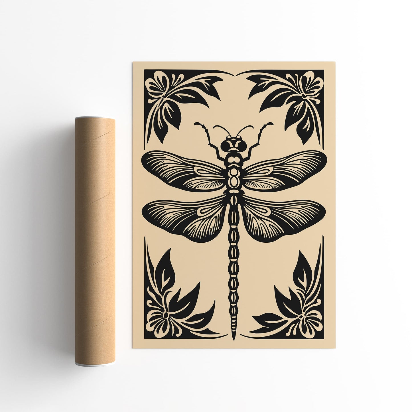 Rustic Black Dragonfly Illustration Print