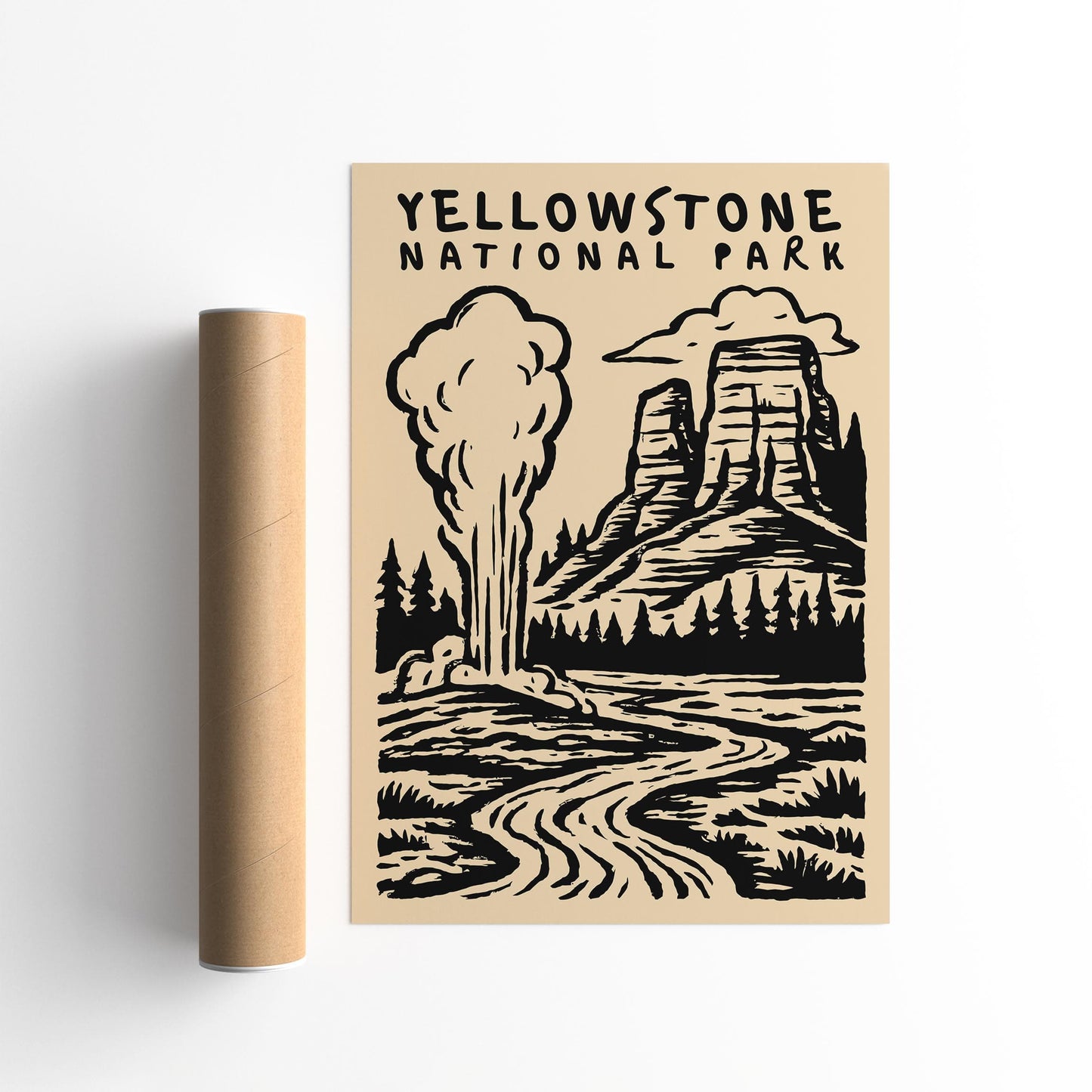 Yellowstone National Park Poster - Black Ink Wall Art