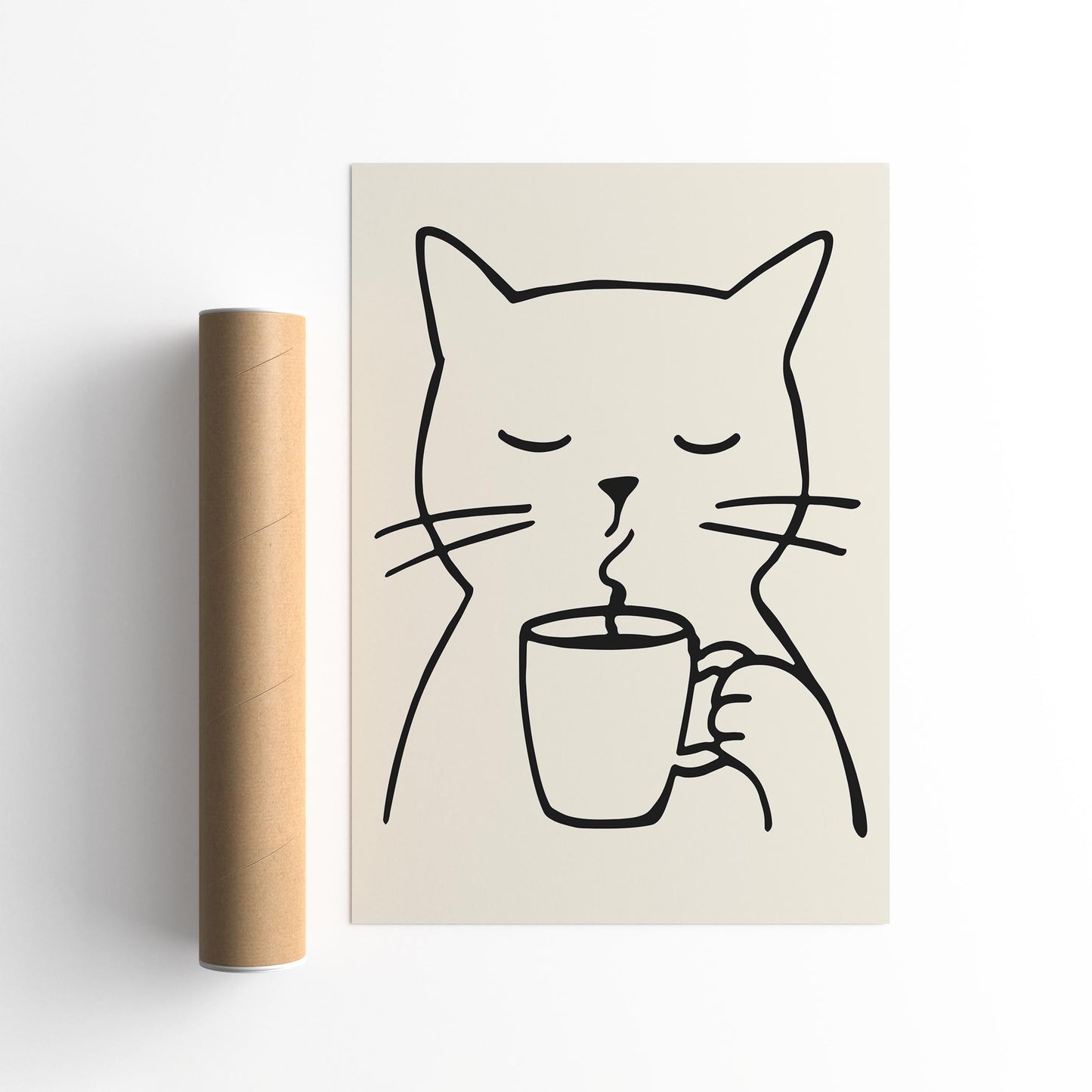 Line Art Cat with a Cup of Coffee Poster