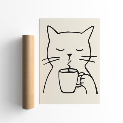 Line Art Cat with a Cup of Coffee Poster