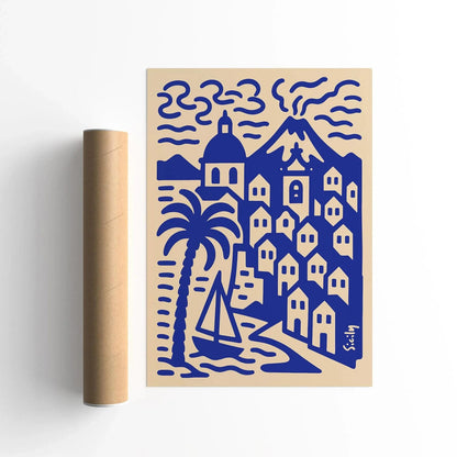 Sicily Cityscape Landscape Blue Poster