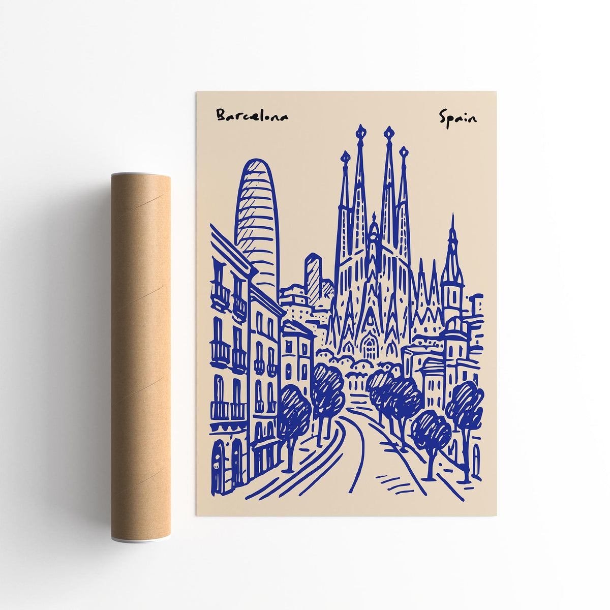 Barcelona Spain Blue Cityscape Travel Poster