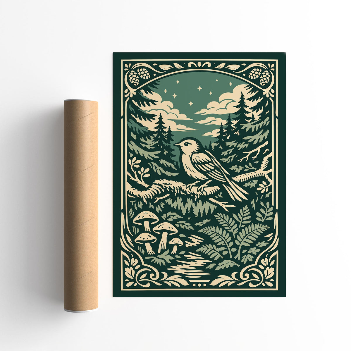 Night Forest Bird Art Poster