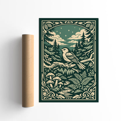 Night Forest Bird Art Poster