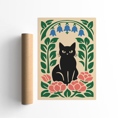 Black Cat Floral Poster
