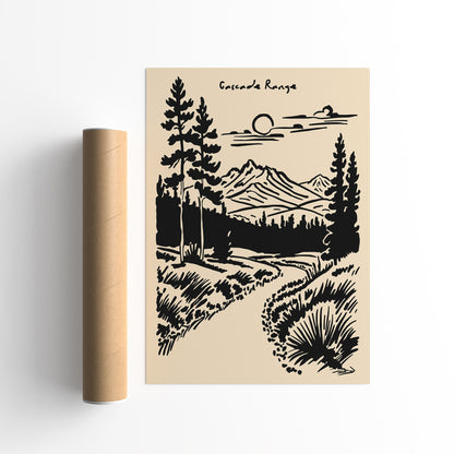 Mount Rainier Poster - Black Ink Landscape Print