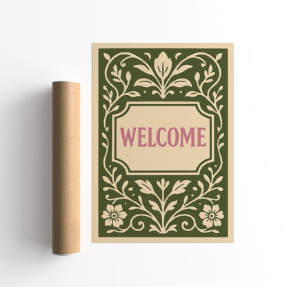 Green Welcome Sign Art Print in Floral Botanical Rococo Style