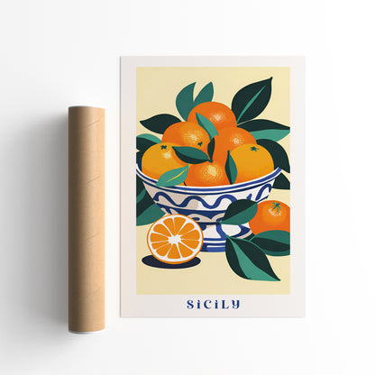 Sicily Bowl of Oranges Retro Poster