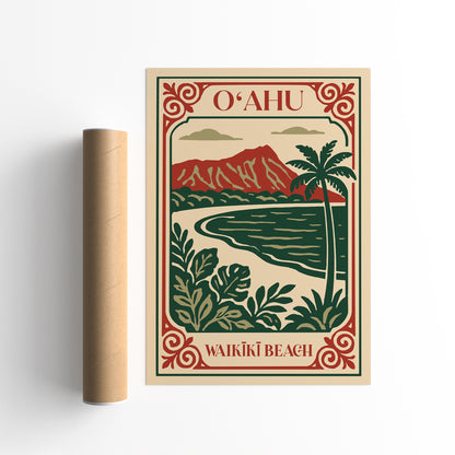 Oahu Waikiki Beach Travel Poster