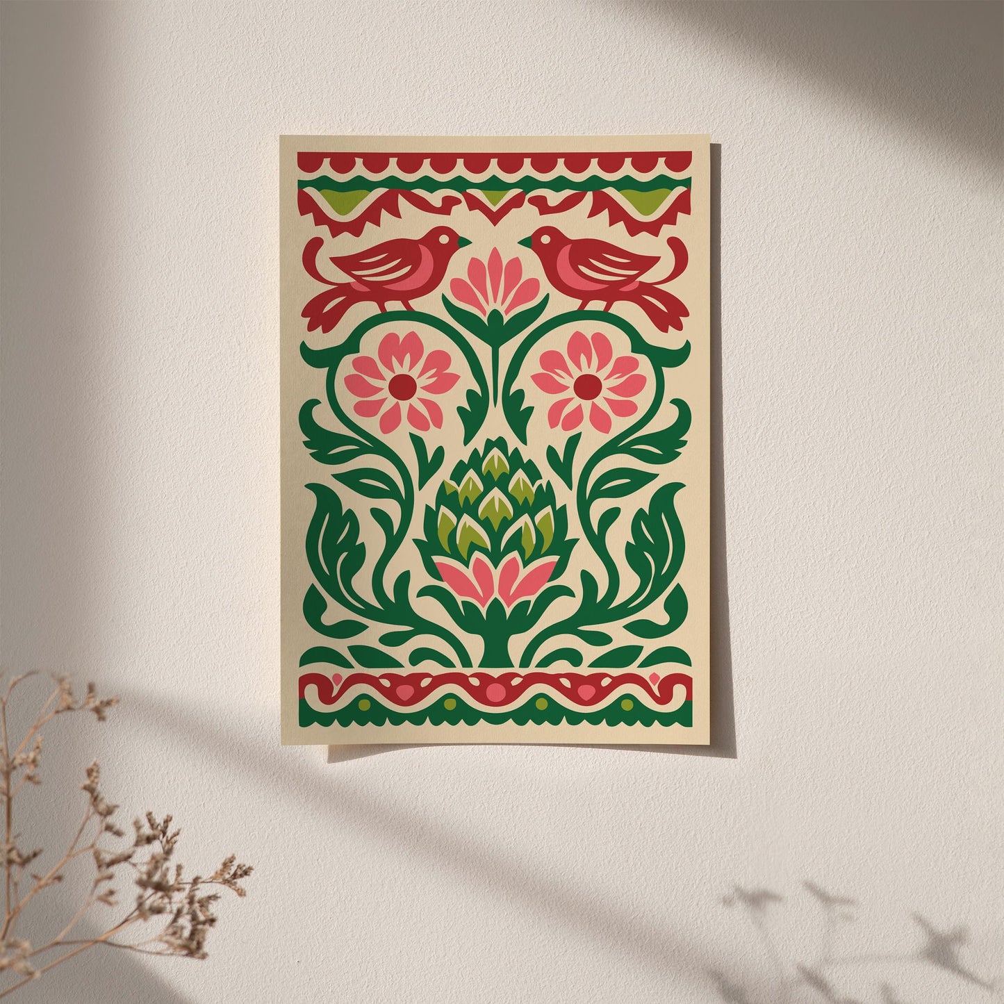 Talavera Artichoke & Birds Poster – Mexican Folk Art