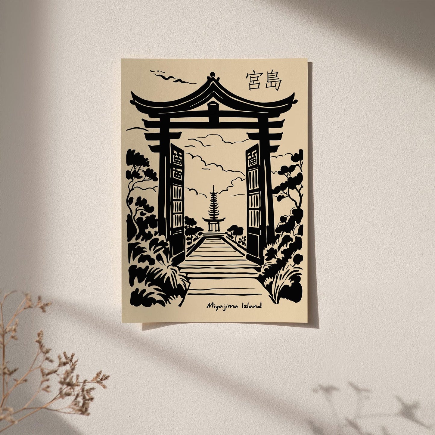 Miyajima Island Tori Gate Black Ink Poster