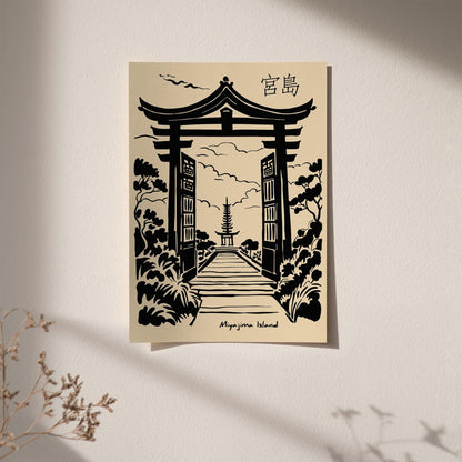 Miyajima Island Tori Gate Black Ink Poster