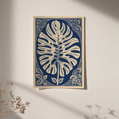 Navy Blue Monstera Leaf Poster