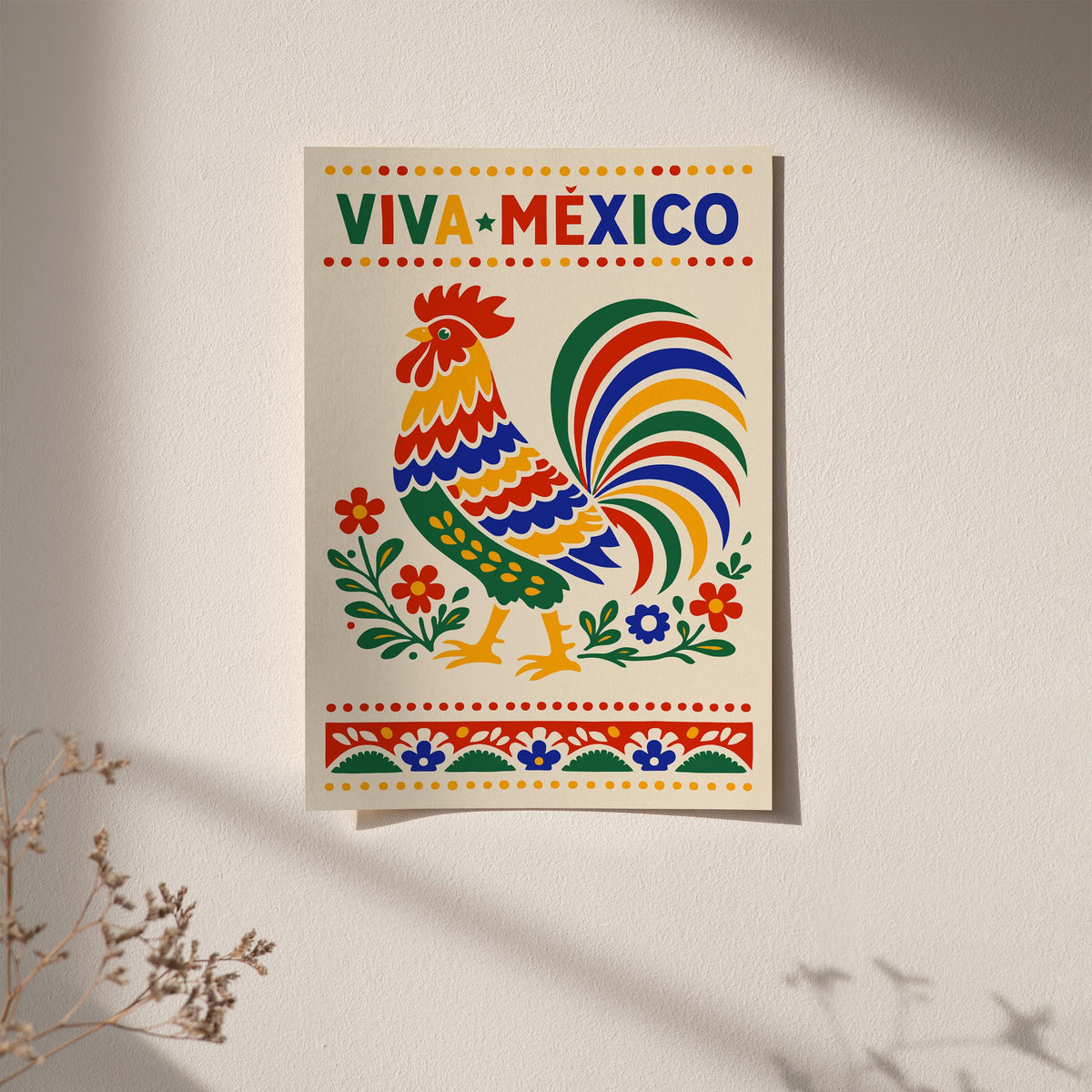 Mexican Rooster Poster – Colorful Folk Art Wall Print