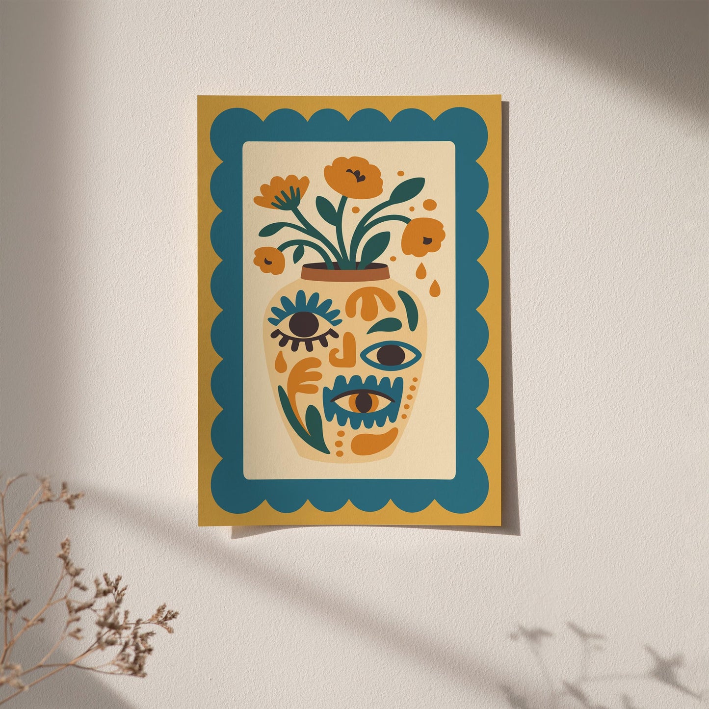 Boho Floral Vase with Eyes – Retro Wall Art